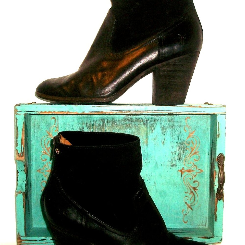 Frye Black Suede & Leather Rear-Zip Heeled Ankle Boots 8.5M